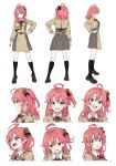  1girl absurdres ahoge bell crossover expressions green_eyes hair_bell hair_ornament hand_on_own_hip highres hololive konbanwa01 long_sleeves lycoris_recoil lycoris_uniform medium_hair open_mouth pink_hair sakura_miko side_ponytail smile two-tone_dress virtual_youtuber 