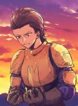  1boy angry armor brown_hair cloud delita_heiral dusk final_fantasy final_fantasy_tactics highres leather_armor looking_at_hands male_focus red_eyes rie_chiaki sky solo sunset teeth upper_body 
