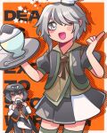  1jumangoku 2others apron black_apron black_eyes black_hair black_headwear black_pants black_vest chef_hat collared_shirt eating enraku_tsubakura food grey_eyes grey_hair hat holding holding_tray houlen_yabusame len&#039;en long_sleeves multiple_others official_alternate_costume onigiri orange_background pants red_ribbon ribbon shaved_ice shirt short_hair short_hair_with_long_locks tray vest 