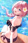  1girl absurdres bare_shoulders bikini black_bikini black_choker black_ribbon blue_eyes braid braided_ponytail breasts choker flower frilled_bikini frills hair_between_eyes hair_flower hair_ornament hair_ribbon highres hololive long_hair mary_is_mine no_wings one_eye_closed open_mouth pink_hair pink_nails ribbon side-tie_bikini_bottom single_braid sitting solo swimsuit takane_lui thigh_strap virtual_youtuber water white_flower 