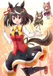  3girls ahoge alternate_costume animal_ears black_hair black_thighhighs brown_hair chibi commentary_request gochuumon_wa_usagi_desu_ka? hair_between_eyes hair_ornament highres horse_ears horse_tail hoto_cocoa kitasan_black_(umamusume) looking_at_viewer multiple_girls one_eye_closed open_mouth reaching reaching_towards_viewer red_eyes ribbon satono_diamond_(umamusume) tail thighhighs twitter_username umamusume uniform yurume_atsushi 