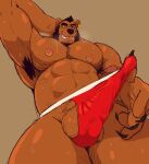  2023 abs anthro armpit_hair balls barazoku bear beard biceps big_balls big_muscles bodily_fluids body_hair brown_background brown_bear brown_body brown_fur brown_hair claws clothed clothing clothing_pull ear_piercing ear_ring eyebrows facial_hair fur genitals ghoskee hair hand_behind_head henry_harris_baxter hi_res huge_muscles low-angle_view male mammal muscular muscular_anthro muscular_male narrowed_eyes navel nipple_piercing nipple_ring nipples obliques open_mouth open_smile pecs piercing ring_piercing seductive simple_background smile solo standing sweat teeth thick_thighs thong thong_only thong_pull tongue topless topless_anthro topless_male underwear underwear_only underwear_pull ursine 