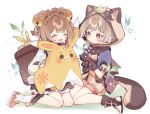  2girls :d ^_^ animal_ears arm_guards ayase_(user_ytjw3843) bangs basket bell bike_shorts black_gloves black_scarf blunt_bangs bow-shaped_hair brown_eyes brown_hair chinese_clothes closed_eyes commentary_request crystalfly_(genshin_impact) doll_hug fake_animal_ears fake_tail full_body genshin_impact gloves grey_hair hair_bell hair_between_eyes hair_ornament highres japanese_clothes jingle_bell leaf leaf_on_head long_sleeves looking_at_another medium_hair multiple_girls ninja obi obiage object_hug raccoon_ears raccoon_hood raccoon_tail sash sayu_(genshin_impact) scarf short_hair short_sleeves sidelocks simple_background sitting smile stuffed_animal stuffed_toy tail wariza yaoyao_(genshin_impact) yuegui_(genshin_impact) 
