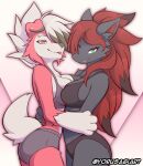  anthro black_body black_fur blue_eyes breasts clothed clothing duo female fur generation_5_pokemon generation_7_pokemon hair looking_at_viewer lycanroc medium_breasts nintendo pokemon pokemon_(species) red_body red_eyes red_fur red_hair tongue tongue_out white_hair yorusagi zoroark 