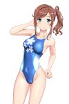  1girl absurdres blue_eyes blue_one-piece_swimsuit breasts brown_hair competition_swimsuit covered_navel floral_print hair_ornament hair_scrunchie high_school_fleet highleg highleg_swimsuit highres ise_sakura long_hair looking_at_viewer medium_breasts multicolored_clothes multicolored_swimsuit one-piece_swimsuit scrunchie side_ponytail simple_background solo standing swimsuit takafumi variant_set white_background 