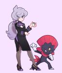  1girl anabel_(pokemon) claws cleavage_cutout clothing_cutout collarbone cosplay forehead_jewel full_body glasses high_heels holding holding_poke_ball lorelei_(pokemon) lorelei_(pokemon)_(cosplay) poke_ball pokemon pokemon_(creature) pokemon_(game) pokemon_lgpe pokemon_sm purple_hair red_eyes smile ultra_ball vergolophus weavile 