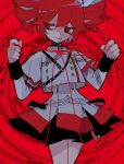  1girl bow buttoned_cuffs buttons cowboy_shot double-breasted drill_hair grey_jacket grey_skirt hands_up highres jacket kasane_teto kasane_teto_(sv) layered_skirt looking_to_the_side midriff_peek musical_staff_print red_background red_hair red_trim short_hair shoulder_belt shoulder_boards shoulder_strap simple_background skirt sleeve_cuffs smile solo striped synthesizer_v takamiya_yuu thread twin_drills uniform utau white_bow 