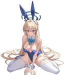  1girl animal_ears bare_shoulders blonde_hair blue_archive blue_bow blue_eyes blue_hairband blue_leotard bow bowtie braid breasts detached_collar fake_animal_ears hairband highleg highleg_leotard highres k_pring leotard long_hair medium_breasts official_alternate_costume official_alternate_hairstyle playboy_bunny rabbit_ears simple_background sitting solo strapless strapless_leotard thighs toki_(blue_archive) toki_(bunny)_(blue_archive) very_long_hair wariza white_background wrist_cuffs 