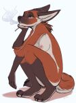  anthro breasts canid canine cigarette claws crouching digitigrade female hi_res inner_ear_fluff mammal narrowed_eyes nipples nude raaz smoke smoking smoking_cigarette solo toe_claws tuft 