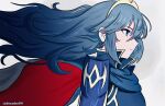  1girl blue_cape blue_eyes cape fire_emblem fire_emblem_awakening floating_cape floating_hair from_side highres johncaden long_hair lucina_(fire_emblem) red_cape solo tiara watermark white_background 