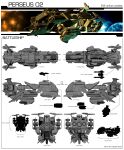 3d absurdres battleship_(eve_online) blueprint_(medium) cannon commentary concept_art copyright_name dated energy_cannon english_text eve_online frank3082 from_side highres machinery military_vehicle no_humans original planet reference_sheet science_fiction sky space spacecraft star_(sky) starry_sky thrusters turret vehicle_focus 