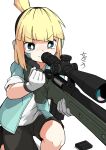  1girl ai_arctic_warfare black_shorts blush bolt_action commentary_request earmuffs gloves green_eyes green_jacket gun holding holding_gun holding_weapon huxiao_(mistlakefront) iris_(material_sniper) jacket magazine_(weapon) material_sniper on_one_knee rifle scope shorts signature smile sniper_rifle solo topknot wavy_mouth weapon white_gloves 
