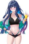  1girl absurdres bikini black_hair blue_hair blunt_bangs colored_inner_hair drink fate/grand_order fate_(series) grey_eyes highres holding holding_drink long_hair multicolored_hair nail_polish nigori_(keydoor) red_nails round_eyewear simple_background solo sunglasses swimsuit tenochtitlan_(fate) upper_body white_background 