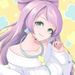  1girl breasts collarbone earrings flower_earrings green_eyes highres jewelry lab_coat light_purple_hair long_hair long_sleeves miriam_(pokemon) mochitaro_(mothitaroo) off-shoulder_sweater off_shoulder pokemon pokemon_(game) pokemon_sv school_nurse solo stethoscope sweater swept_bangs yellow_nails 