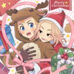  2boys black_eyes blonde_hair blue_eyes brown_gloves brown_hood christmas deer_costume dress gift gloves hanagaki_takemichi hat heart_ribbon hood hood_up hug hug_from_behind long_sleeves male_focus merry_christmas multiple_boys nightcat open_mouth pink_ribbon ribbon sano_manjirou santa_dress santa_hat surprise_hug teeth tokyo_revengers yaoi 