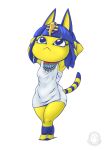  2023 animal_crossing ankha_(animal_crossing) anthro bangs blue_ears blue_eyes blue_hair blue_markings clothing digital_media_(artwork) domestic_cat dress egyptian felid feline felis female hair hands_behind_head hi_res makeup mammal markings mysticalpha nintendo short_hair solo stands striped_markings striped_tail stripes tail tail_markings thick_thighs walking yellow_body yellow_inner_ear yellow_skin 