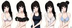  1girl alternate_costume artist_logo bare_arms bare_shoulders bikini black_bikini black_hair black_one-piece_swimsuit blue_bikini blush breasts casual_one-piece_swimsuit chitanda_eru cleavage flying_sweatdrops hair_bun highres hyouka large_breasts long_hair looking_at_viewer mery_(yangmalgage) multiple_views one-piece_swimsuit ponytail purple_eyes school_swimsuit smile swimsuit upper_body white_bikini 