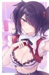  1girl ame-chan_(needy_girl_overdose) blush bow bow_bra bowtie bra breasts cleavage clothes_lift e_(eokiba) hair_ornament hair_over_one_eye hairclip highres lace-trimmed_bra lace_trim large_breasts looking_at_viewer needy_girl_overdose purple_eyes shirt_lift skirt smile solo suspender_skirt suspenders sweatdrop twintails underwear x_hair_ornament 