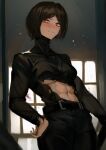  1girl abs absurdres blush highres limbus_company muscular muscular_female orange_eyes outis_(limbus_company) project_moon raised_eyebrows short_hair sweat torn_clothes turtleneck velminth 