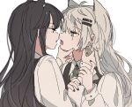  2girls animal_ear_fluff animal_ears arknights black_hair black_nails brown_eyes collared_shirt earrings extra_ears eye_contact fangs from_side grey_eyes grey_hair hair_between_eyes hair_ornament hairclip hand_on_another&#039;s_chin holding holding_another&#039;s_arm imminent_kiss jewelry lappland_(arknights) long_hair long_sleeves looking_at_another multiple_girls nail_polish open_mouth profile scar scar_across_eye scar_on_face seri_(vyrlw) shirt simple_background texas_(arknights) tongue tongue_out upper_body white_background white_shirt wolf_ears wolf_girl yuri 