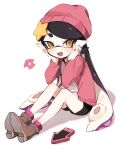  1girl :d beanie black_hair black_shorts blush boots brown_footwear callie_(splatoon) commentary_request cross-shaped_pupils earrings fangs gradient_hair hair_ornament hands_on_own_face hands_up hat highres ika_esu jacket jewelry knees_up long_hair long_sleeves looking_at_viewer mole mole_under_eye multicolored_hair open_clothes open_jacket open_mouth parted_bangs pink_hair pink_headwear pink_jacket pink_socks pointy_ears purple_hair shadow shirt short_eyebrows short_shorts shorts simple_background single_earring sitting smile socks solo splatoon_(series) splatoon_1 star_(symbol) star_hair_ornament suction_cups swept_bangs symbol-shaped_pupils teeth tentacle_hair thick_eyebrows v-shaped_eyebrows very_long_hair white_background white_shirt yellow_eyes 