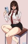  1girl angry artist_name barefoot beautiful_gunbari black_skirt breasts brown_eyes brown_hair cellphone desk frown long_hair looking_at_viewer marheit medium_breasts necktie phone red_necktie ryu_da-hee school_desk shirt sitting skirt smartphone solo white_shirt 