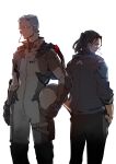  2boys 621_(armored_core_6) armored_core armored_core_6 back-to-back black_hair cyborg hands_in_pockets helmet highres holding holding_helmet jacket las91214 male_focus multiple_boys pilot_suit ponytail shaved_head toothpick v.iv_rusty white_hair 