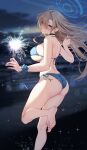 1girl ass asuna_(blue_archive) asymmetrical_bangs bikini blonde_hair blue_archive blue_bikini blue_eyes blue_halo blue_scrunchie breasts choker cloud cloudy_sky dusk fireworks halo highres huge_ass large_breasts light_brown_hair looking_back moon night night_sky scrunchie sky solar_(happymonk) sparkler swimsuit thick_thighs thighs wristband 