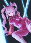  1girl alice_(nikke) animal_ear_headphones animal_ears bodysuit breasts covered_navel fake_animal_ears gloves goddess_of_victory:_nikke headphones headset highres jacket long_hair looking_at_viewer m.q_(mqkyrie) medium_breasts open_mouth pink_bodysuit pink_eyes pink_gloves pink_headphones red_jacket skin_tight smile solo twintails 