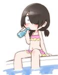  1girl black_hair blush drinking highres holding jijou_wo_shiranai_tenkousei_ga_guigui_kuru. long_bangs looking_at_viewer medium_hair navel nishimura_akane one_eye_covered pool short_twintails sirukure sitting soaking_feet solo swimsuit twintails water white_background white_eyes 