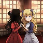  2girls absurdres black_hair blonde_hair blue_bow blue_eyes bow closed_mouth dress emilico_(shadows_house) flower hair_bow hair_flower hair_ornament highres holding_hands kamen_art123 kate_(shadows_house) living_doll_uniform looking_at_viewer multiple_girls red_dress red_flower shadow_(shadows_house) shadows_house standing table twintails window 