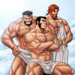  3boys abs ancient_greek_clothes arm_hair back_hair bara bulge character_request chest_hair crossed_arms greco-roman_clothes hairy hand_hair hand_on_another&#039;s_shoulder highres knuckle_hair large_pectorals leg_hair male_focus marvel mature_male multiple_boys muscular muscular_male mutton_chops navel navel_hair nipples pectorals short_hair sideburns stomach strongman_waist thick_eyebrows thick_thighs thighs topless_male zelo-lee 