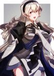  1girl :d absurdres armor armored_dress black_gloves black_hairband blonde_hair blue_cape blush border breastplate breasts cape clothing_cutout collared_dress corrin_(fire_emblem) cowboy_shot double-parted_bangs dress film_grain fire_emblem fire_emblem_fates gloves grey_background hair_between_eyes hairband hand_on_own_chest hand_up highres juliet_sleeves long_hair long_sleeves looking_at_viewer medium_breasts open_mouth pointy_ears puffy_sleeves red_eyes sidelocks smile solo thigh_cutout to_(tototo_tk) white_border 