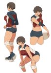  1girl full_body gym_uniform highres m_k multiple_views original short_hair stomach sweat tall tall_female tomboy 