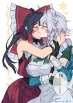  ... 2girls absurdres ahoge artist_name bare_shoulders black_gloves black_hair blush bottle braid breasts check_translation closed_eyes cowboy_shot gloves grey_hair hair_between_eyes hakurei_reimu half_gloves heart highres himadera holding holding_bottle izayoi_sakuya kiss kissing_cheek large_breasts long_sleeves maid maid_headdress multiple_girls parted_lips ponytail simple_background sleeveless speech_bubble sweatdrop teeth touhou translation_request twin_braids twitter_username watermark white_background wine_bottle yuri 