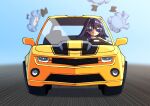  1girl alarm_clock blue_eyes blue_hair car clock driving hair_intakes hat highres hololive hololive_english kronie_(ouro_kronii) motor_vehicle oruruca86 ouro_kronii seatbelt short_hair steering_wheel sunglasses top_hat virtual_youtuber 