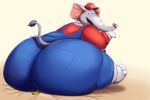 2023 anthro big_butt butt clothing crushing_sound_effect elephant elephant_mario elephant_toes elephantid facial_hair hi_res huge_butt looking_back male mammal mario mario_bros mustache nintendo overalls overweight overweight_male proboscidean proboscis_(anatomy) shenzel sitting_on_another super_mario_bros_wonder tail thick_thighs trunk_(anatomy) 