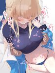  1girl absurdres blonde_hair blue_archive blue_buruma blue_jacket blue_shirt blush braid breasts buruma covered_nipples faceless faceless_female highres jacket kawa_mura long_hair long_sleeves medium_breasts motion_lines navel nipple_tweak shirt solo_focus sweat toki_(blue_archive) wince 