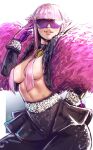  1girl absurdres breasts choker covered_nipples feather_boa feathers gloves hair_over_breasts highres hime_cut leggings manon_legrand midriff milkyrack official_alternate_costume pink_gloves pink_hair purple-tinted_eyewear short_hair_with_long_locks sidelocks solo street_fighter street_fighter_6 sunglasses tinted_eyewear white_background 
