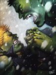  2boys alien blonde_hair clenched_teeth colored_skin cris_art duel from_side frown green_skin hulk hulkling male_focus marvel multiple_boys muscular muscular_male short_hair snowing teeth thick_eyebrows 