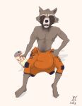  2023 abs alcohol anthro beer beverage beverage_can big_bulge big_penis body_hair brown_body brown_fur bulge chest_hair clothed clothing fur genitals grey_body grey_fur guardians_of_the_galaxy huge_bulge huge_penis hyper hyper_bulge hyper_genitalia hyper_penis male mammal marvel nostracon orange_clothing overalls penis procyonid raccoon red_eyes rocket_raccoon signature simple_background sitting solo spacesuit topless topless_male white_body white_fur 