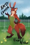  absurd_res anthro bulge canid canine claws clothed clothing cloud dandelion day detailed detailed_background digital_drawing_(artwork) digital_media_(artwork) disney english_text erection flower forest forest_background fox full-length_portrait fur grass green_eyes hi_res male mammal nature nature_background nick_wilde outside plant portrait scenery shaded signature sky smile solo tail text tree vulturecorpse watermark zootopia 