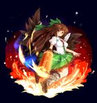  1girl absurdres arm_cannon bird_wings brown_hair dark_background fire full_body highres long_hair looking_at_viewer maguro_(mawaru_sushi) red_eyes reiuji_utsuho simple_background solo touhou very_long_hair weapon wings 
