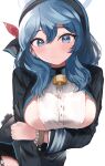  1girl absurdres ako_(blue_archive) bell black_garter_belt black_skirt blue_archive blue_eyes blue_hair blush bracelet breasts earrings garter_belt halo highres holding_own_arm jewelry large_breasts long_sleeves looking_at_viewer miniskirt neck_bell sideboob sideless_outfit simple_background skirt solo stud_earrings sunya_(honorin-yuunibo) white_background 