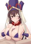  1boy 1girl absurdres areola_slip bead_necklace beads bikini blush breasts breasts_squeezed_together brown_eyes brown_hair censored closed_mouth covered_nipples cum earrings ejaculation fate/grand_order fate_(series) fingerless_gloves gloves hat hetero highres hoop_earrings jewelry large_breasts liu_han looking_at_viewer micro_bikini mosaic_censoring necklace one_eye_closed paizuri penis prayer_beads projectile_cum purple_bikini raised_eyebrows swimsuit variant_set wavy_mouth xuangzang_sanzang_(fate) 