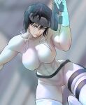  1girl abs belt black_hair blue_eyes bodysuit boots covered_nipples gabriel_carrasquillo ghost_in_the_shell gloves gun kusanagi_motoko muscular muscular_female short_hair solo toned weapon white_bodysuit white_gloves 