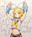  1girl aqua_eyes armpits arms_up bare_shoulders belt_buckle blonde_hair bow buckle character_name commentary_request detached_sleeves grey_sailor_collar grey_sleeves hair_bow hair_ornament hairclip headphones headset highres kagamine_rin loo looking_at_viewer marker mayo_riyo midriff narrow_waist navel neckerchief sailor_collar short_hair shorts sideways_glance smile solo traditional_media vocaloid white_bow yellow_neckerchief 