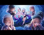  1boy 5others androgynous aqua_eyes baker_nemo_(fate) beret black_shorts blue_dress blue_pantyhose captain_nemo_(fate) closed_eyes dress engineer_nemo_(fate) fate/grand_order fate_(series) finger_to_mouth glasses hat highres index_fingers_raised marine_nemo_(fate) multiple_others nemo_(fate) nurse_nemo_(fate) otoko_no_ko palms_together pantyhose pinafore_dress professor_nemo_(fate) shell_ocean shorts shushing sleeveless sleeveless_dress turban white_hair 