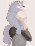  1boy abs animal_ears ass bara beard blue_fur blush_stickers bulge bulge_lift dressing facial_hair feet_out_of_frame from_side furry furry_male grey_pants highres large_bulge large_pectorals law_(sdorica) long_beard male_focus mature_male meme muscular muscular_male navel navel_hair never_seen_a_guy_recreate_this_(meme) nipples open_pants pants pants_lift pectorals sdorica short_hair sideburns smirk solo standing stomach tail teo_(placid69) thick_thighs thighs topless_male undersized_clothes wolf_boy wolf_ears wolf_tail 