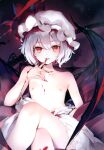  1girl absurdres blood bloomers blush breasts crossed_legs fang fingernails flat_chest grey_hair hair_between_eyes hat highres ke-ta looking_at_viewer mob_cap nipples non-web_source petite red_eyes remilia_scarlet scan sharp_fingernails sitting solo tongue tongue_out topless touhou underwear white_bloomers white_headwear 